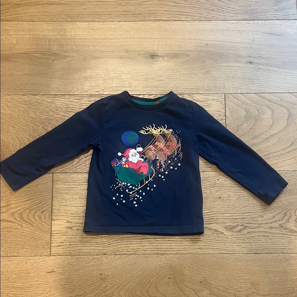 Mini Boden Navy Santa and Reindeer Long Sleeve Tee Sz 4-5yrs